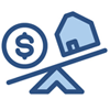 Seesaw with house on light end and money on heavy end icon